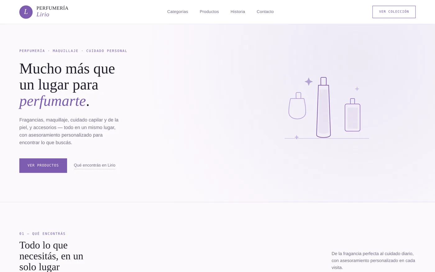 Propuesta de página de inicio para una perfumería en blanco y lila