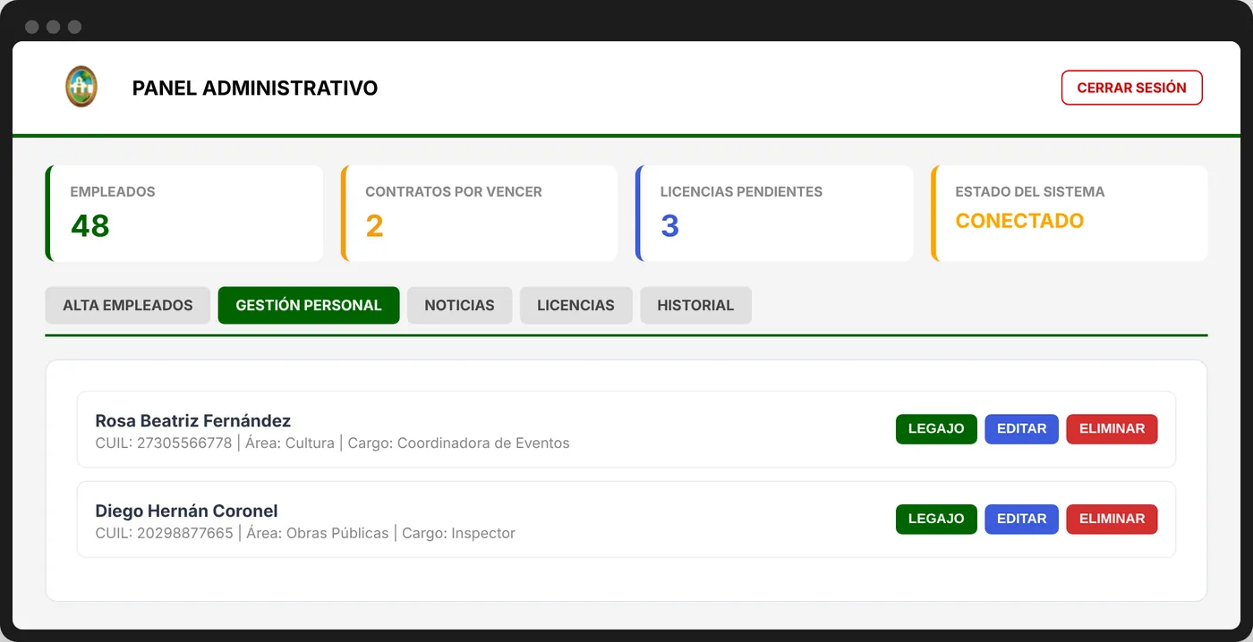 Panel administrativo del sistema S.I.S.A.G. con la lista de empleados y licencias pendientes